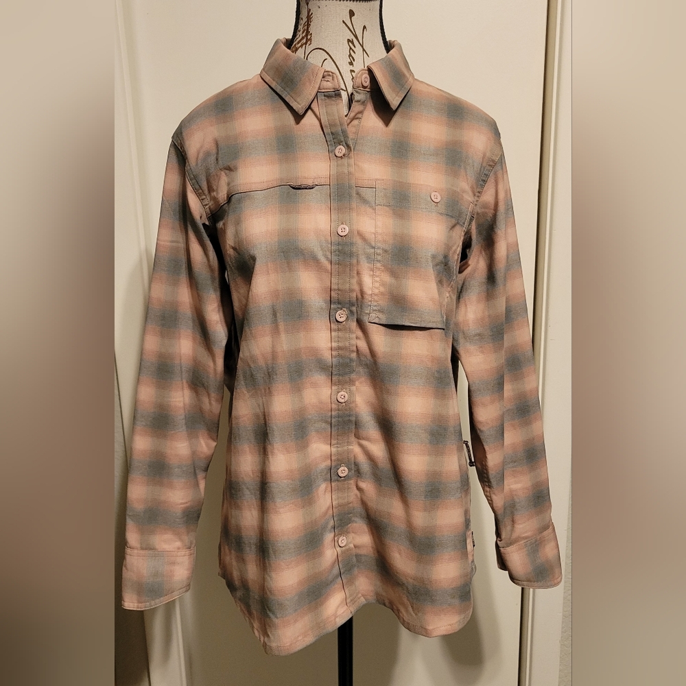 REI Co-Op Womens Sahara Thermal‎ Button Down Shirt Sz Med Pink Blue Gray